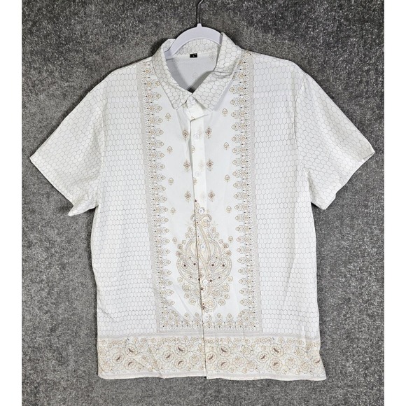 Honeycomb Floral Button Up Shirt Mens Size Large Short Sleeve Collared Polyester - Picture 1 of 10